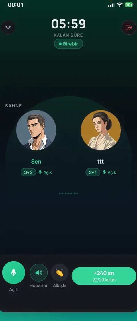 Voxie voice chat app: the stage screen during a one-to-one voice call